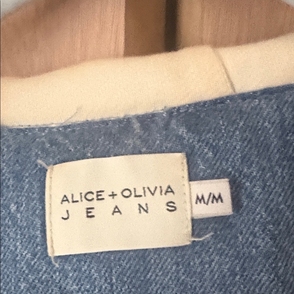 Alice + Olivia Light Wash Cropped Denim Jacket with Hood - Picture 2 of 6